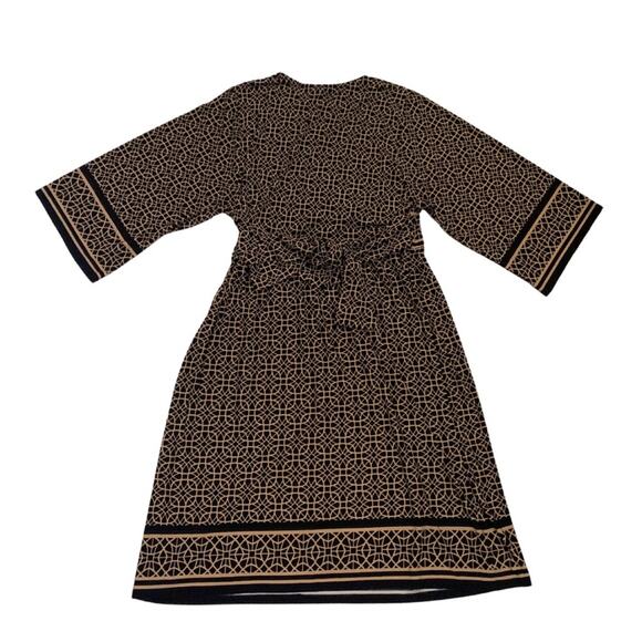 Black Tan Geometric Pattern Midi Dress Long Sleeves Large Petite Stretch Career - Picture 7 of 12